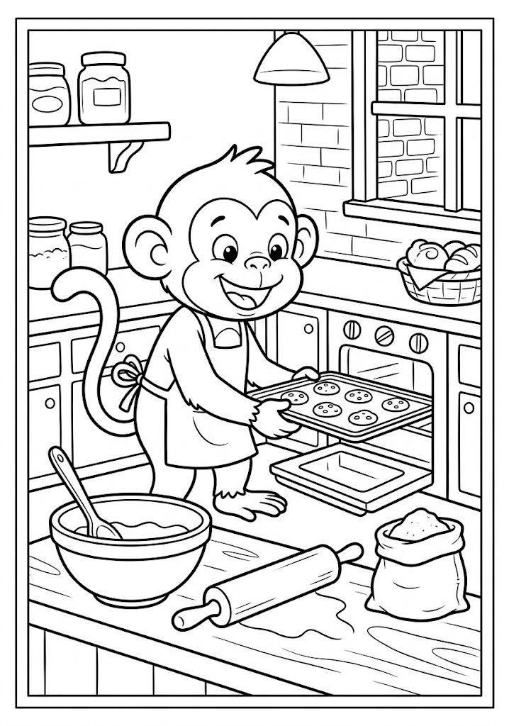 Monkey Baking Cookies Coloring Pages