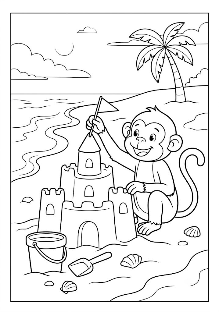 Monkey Building a Sandcastle Coloring Pages