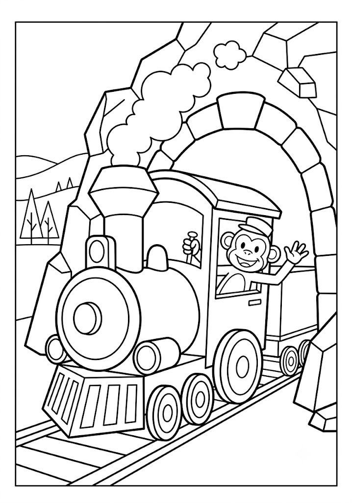 Monkey Driving a Tiny Train Coloring Pages