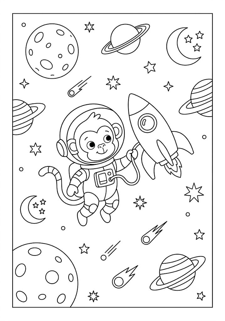 Monkey Exploring Space Coloring Pages