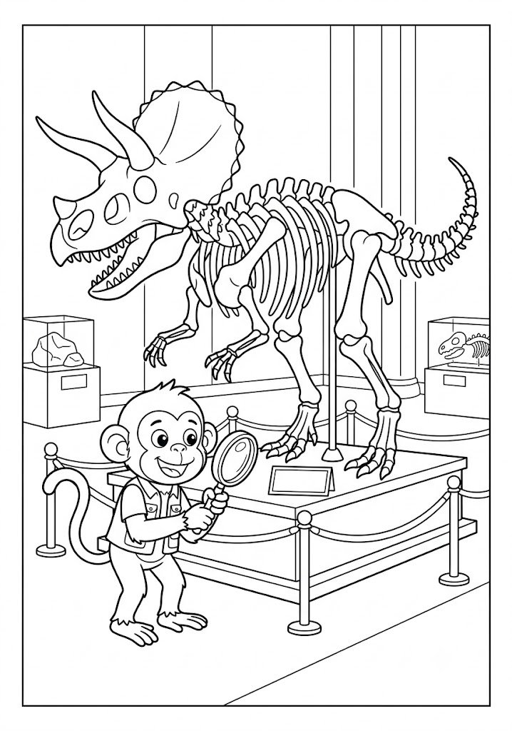 Monkey Exploring a Dinosaur Fossil Coloring Pages