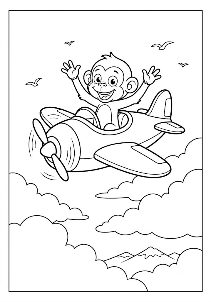 Monkey Flying a Toy Airplane Coloring Pages