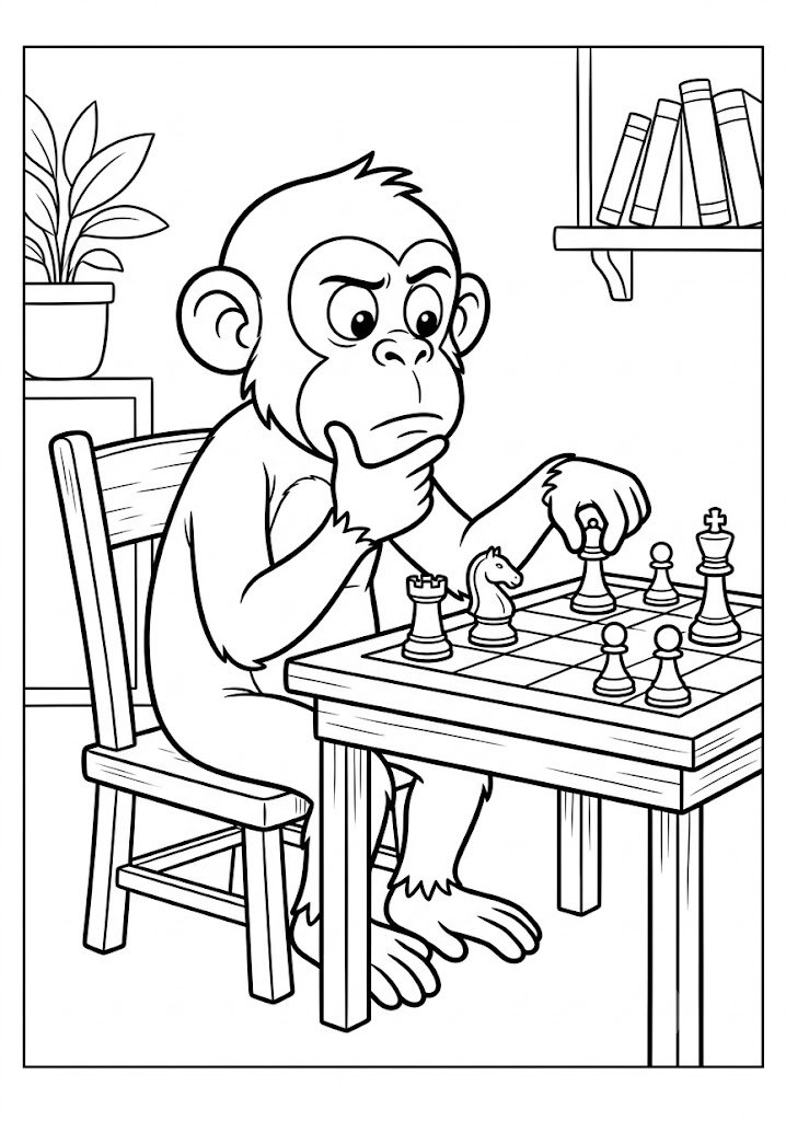 Monkey Playing Chess Coloring Pages