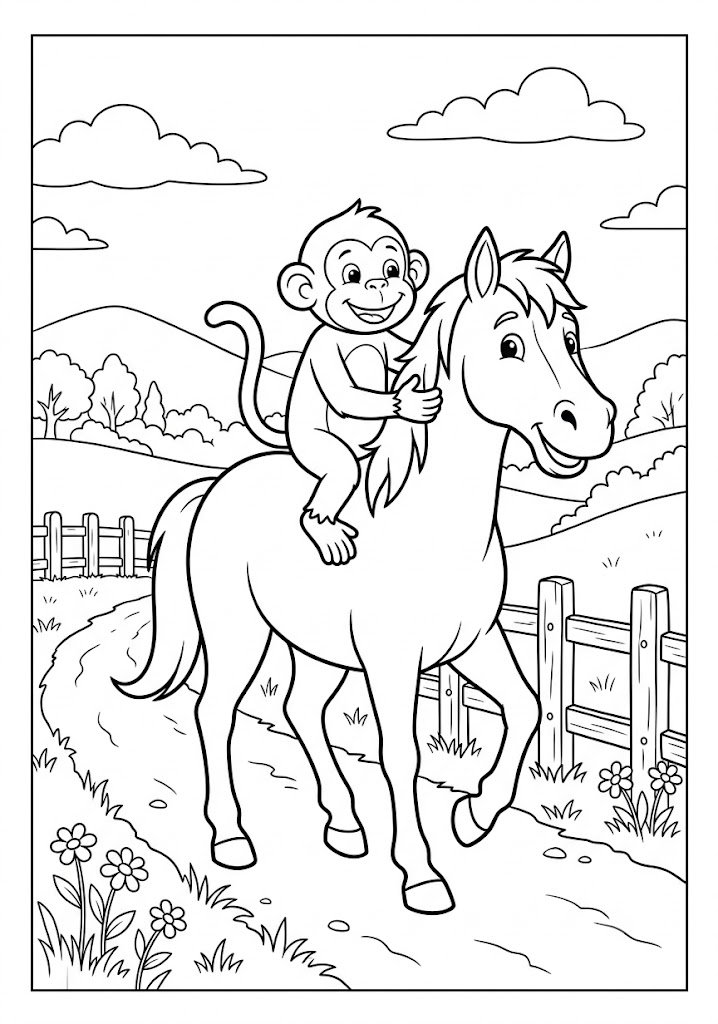 Monkey Riding a Horse Coloring Pages