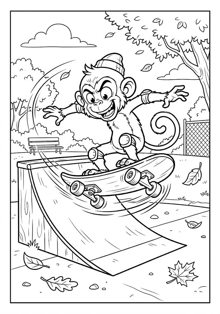 Monkey Riding a Skateboard Coloring Pages