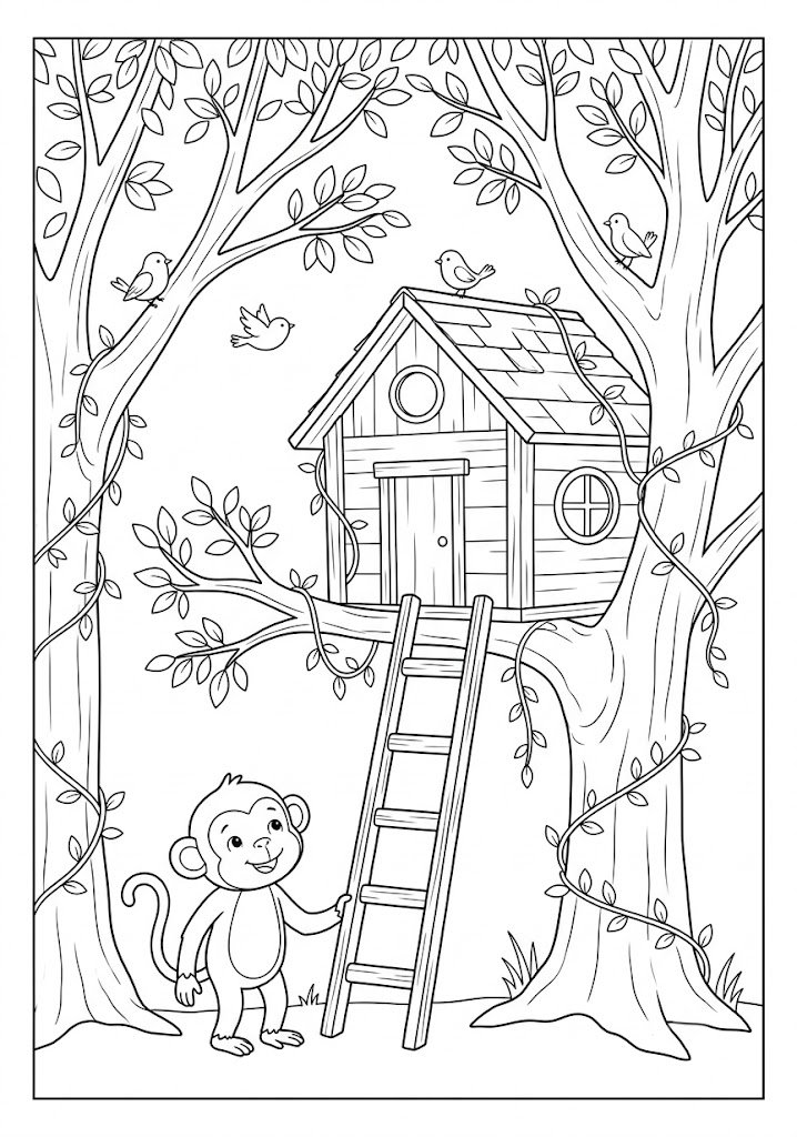 Monkey Treehouse Coloring Pages