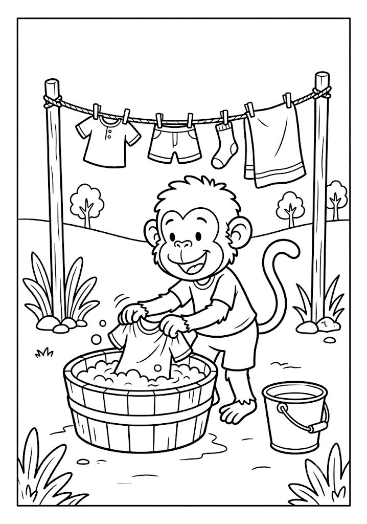 Monkey Washing Clothes Coloring Pages