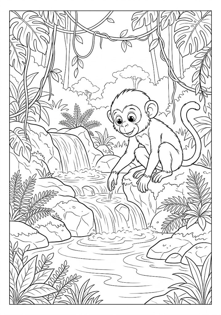 Monkey at the Waterfall Coloring Pages