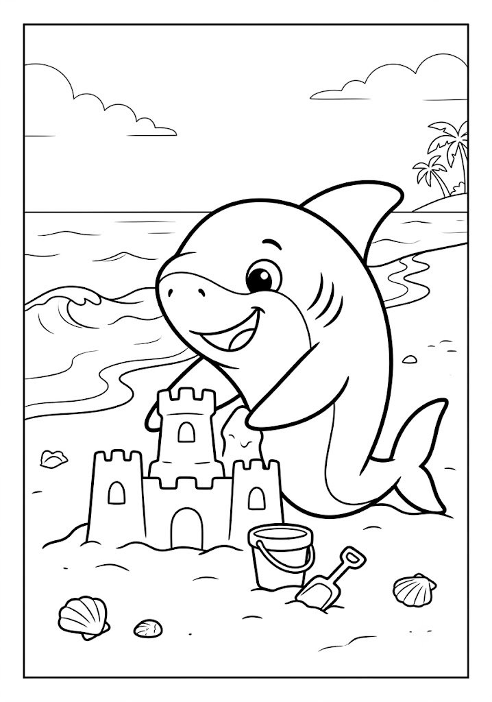 Shark Building Sandcastle Coloring Pages