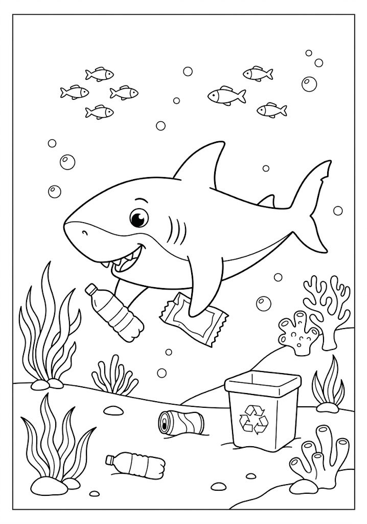 Shark Cleaning the Ocean Coloring Pages