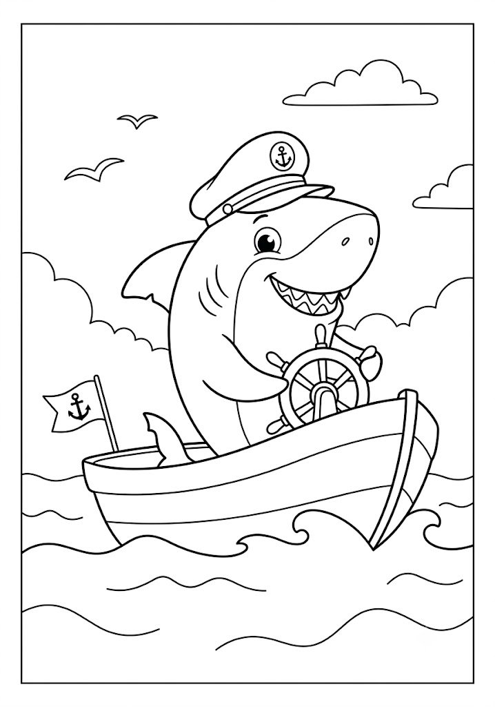 Shark Driving a Boat Coloring Pages