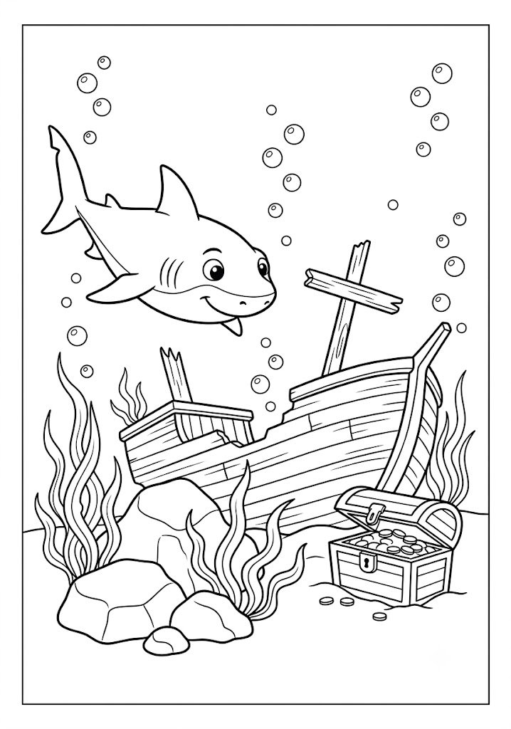 Shark Exploring a Shipwreck Coloring Pages