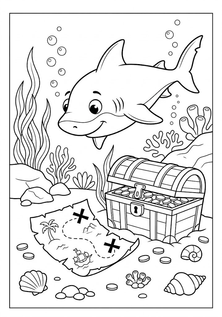Shark Finding a Sunken Treasure Map Coloring Pages