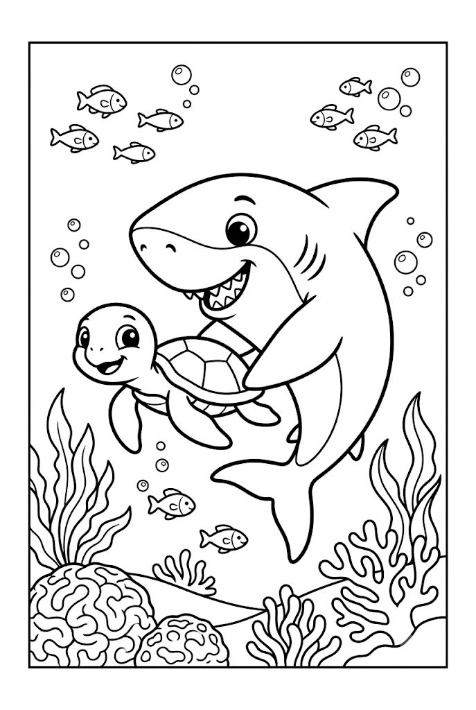 Shark Helping a Turtle Coloring Pages
