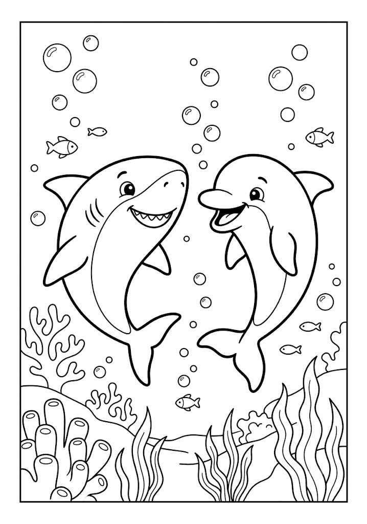 Shark Playing with a Dolphin Coloring Pages