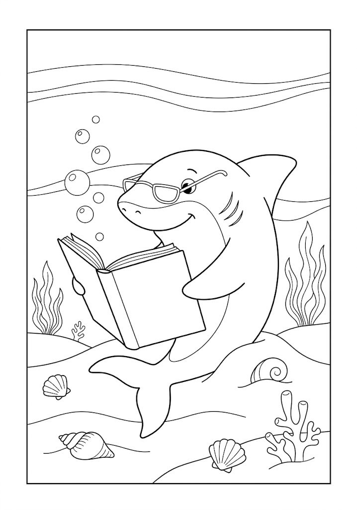 Shark Reading a Book Coloring Pages