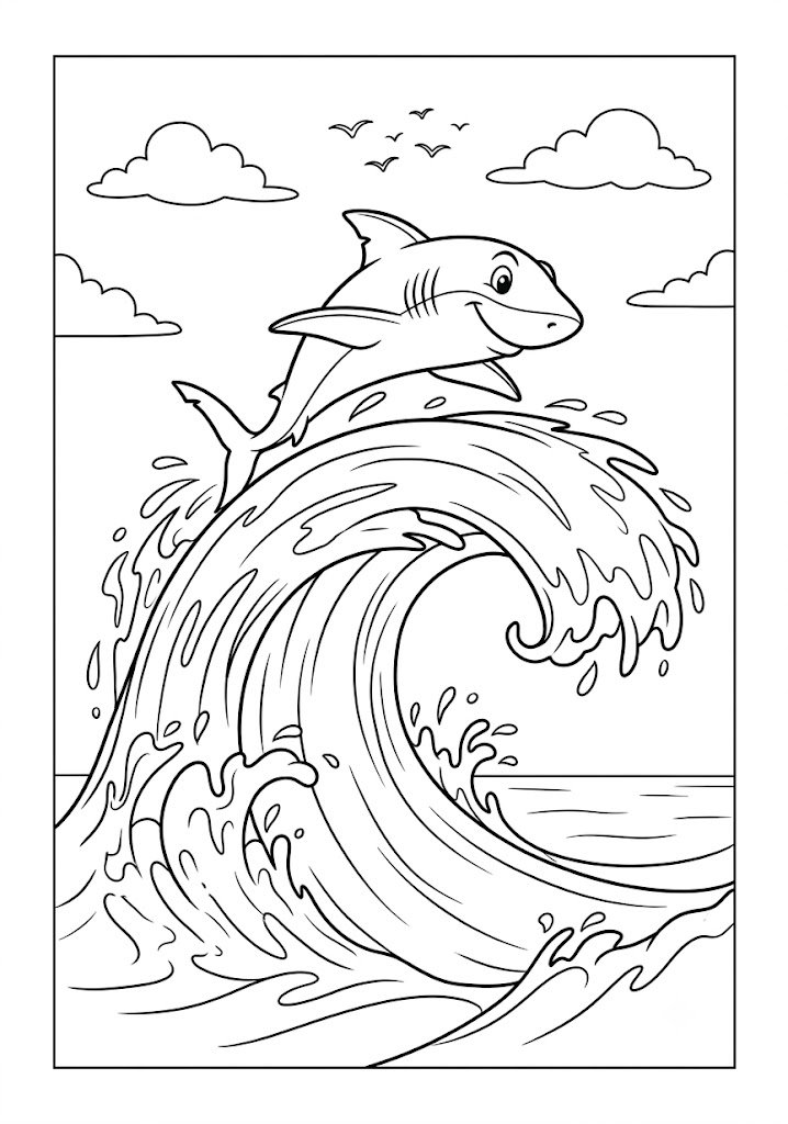 Shark Riding a Giant Wave Coloring Pages