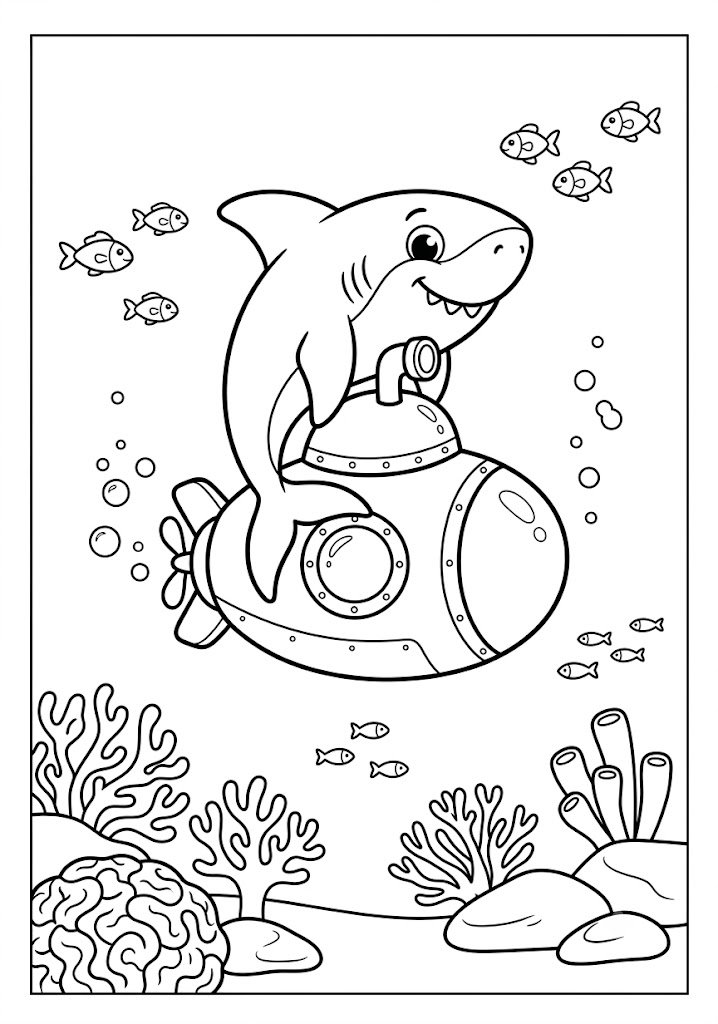 Shark Riding a Submarine Coloring Pages