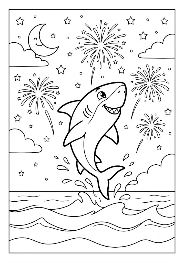 Shark Watching Fireworks Coloring Pages