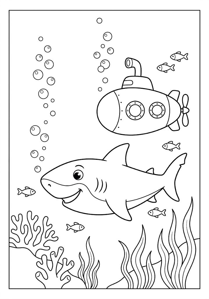Shark Watching a Submarine Coloring Pages