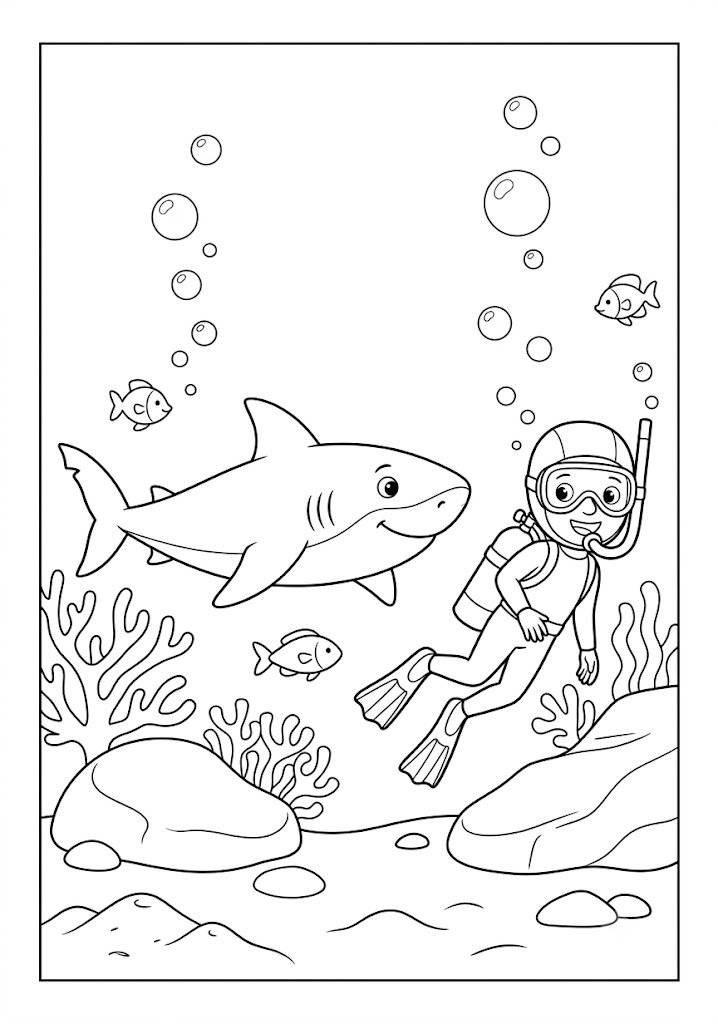 Shark and Diver Coloring Pages
