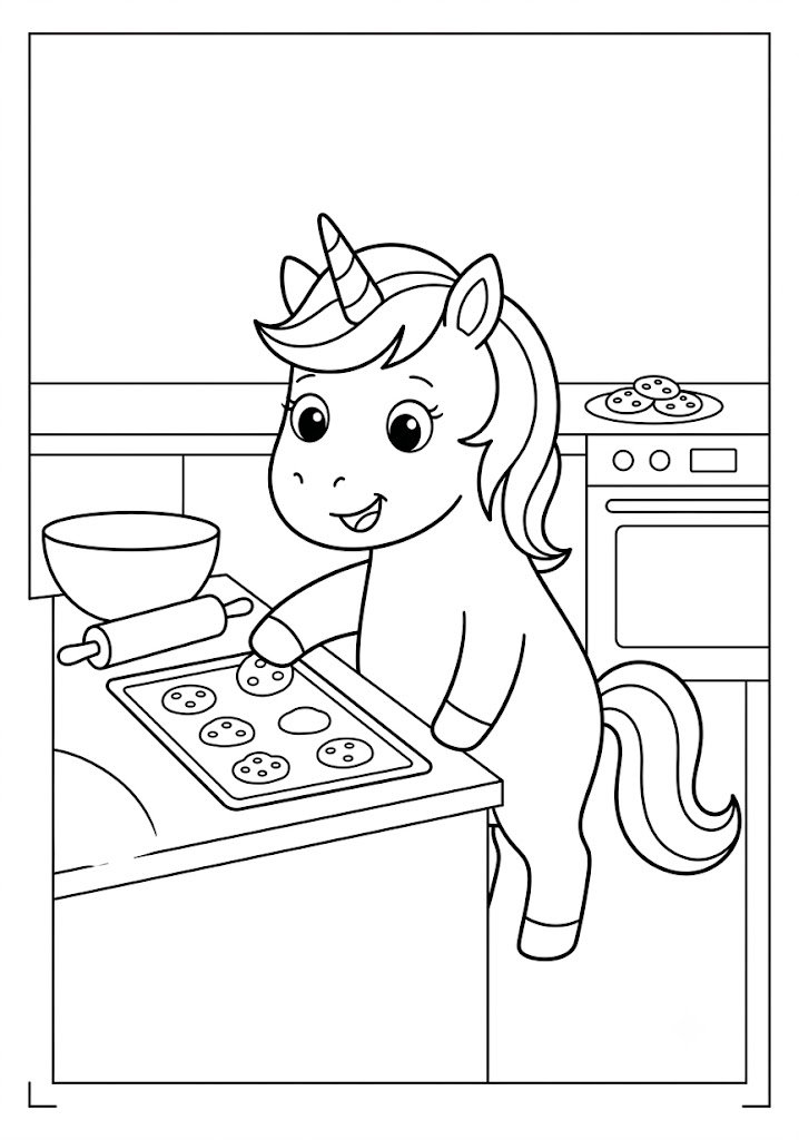 Unicorn Baking Cookies Coloring Pages