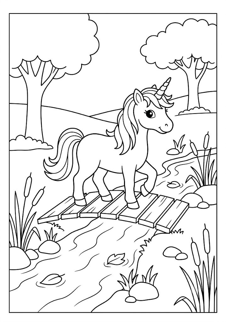 Unicorn Crossing a Wooden Bridge Coloring Pages