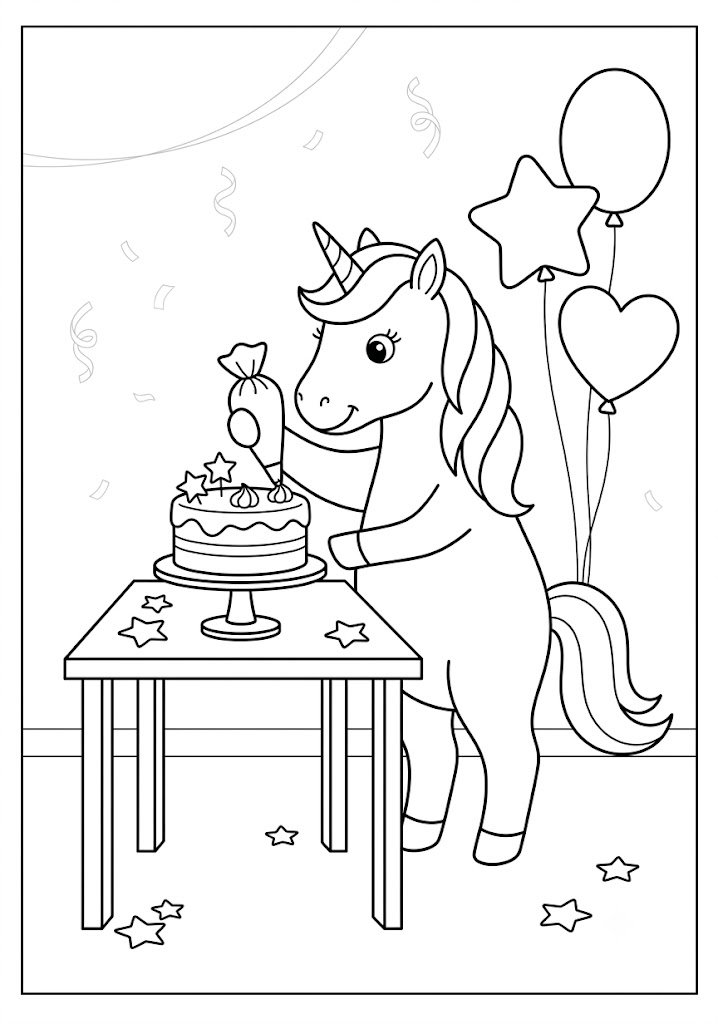 Unicorn Decorating a Birthday Cake Coloring Pages