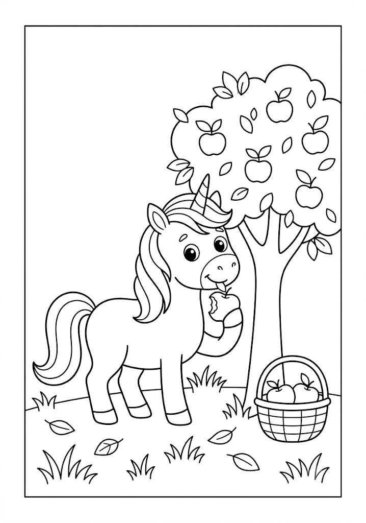 Unicorn Eating an Apple Coloring Pages