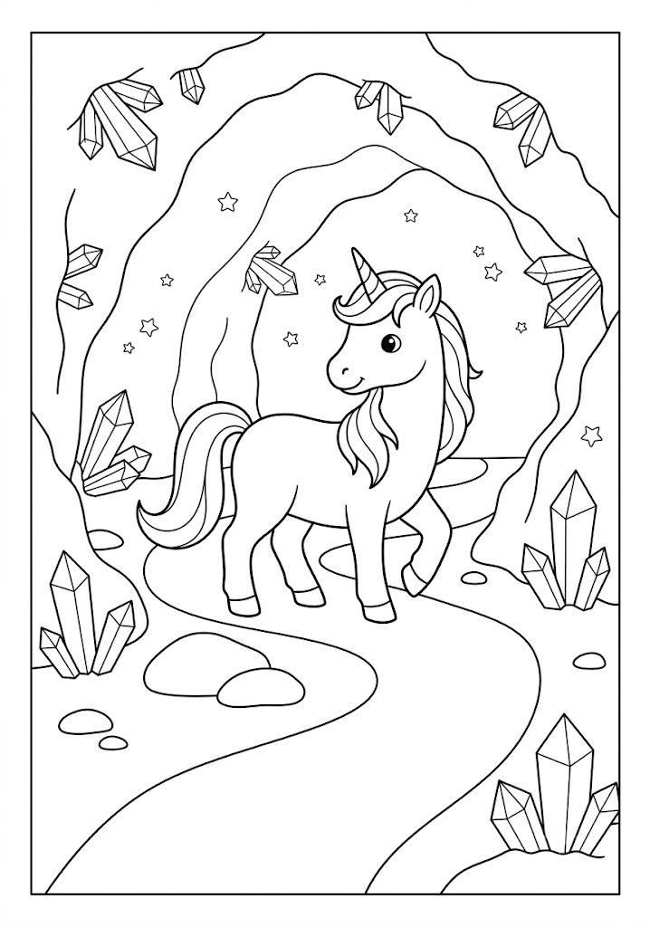 Unicorn Exploring a Crystal Cave Coloring Pages