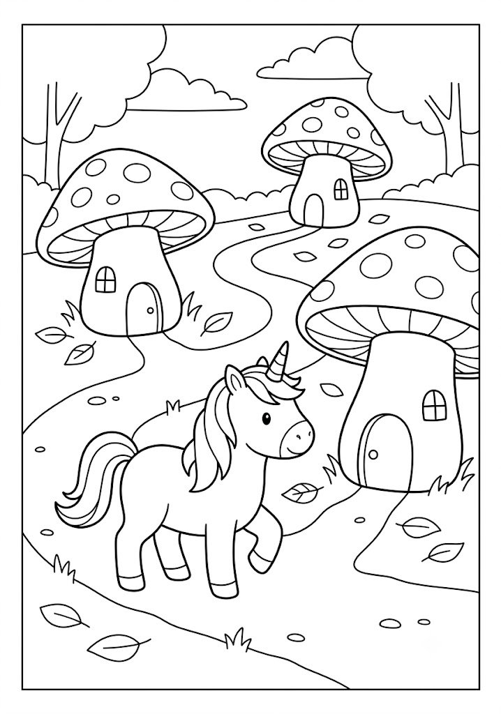 Unicorn Exploring a Mushroom Village Coloring Pages