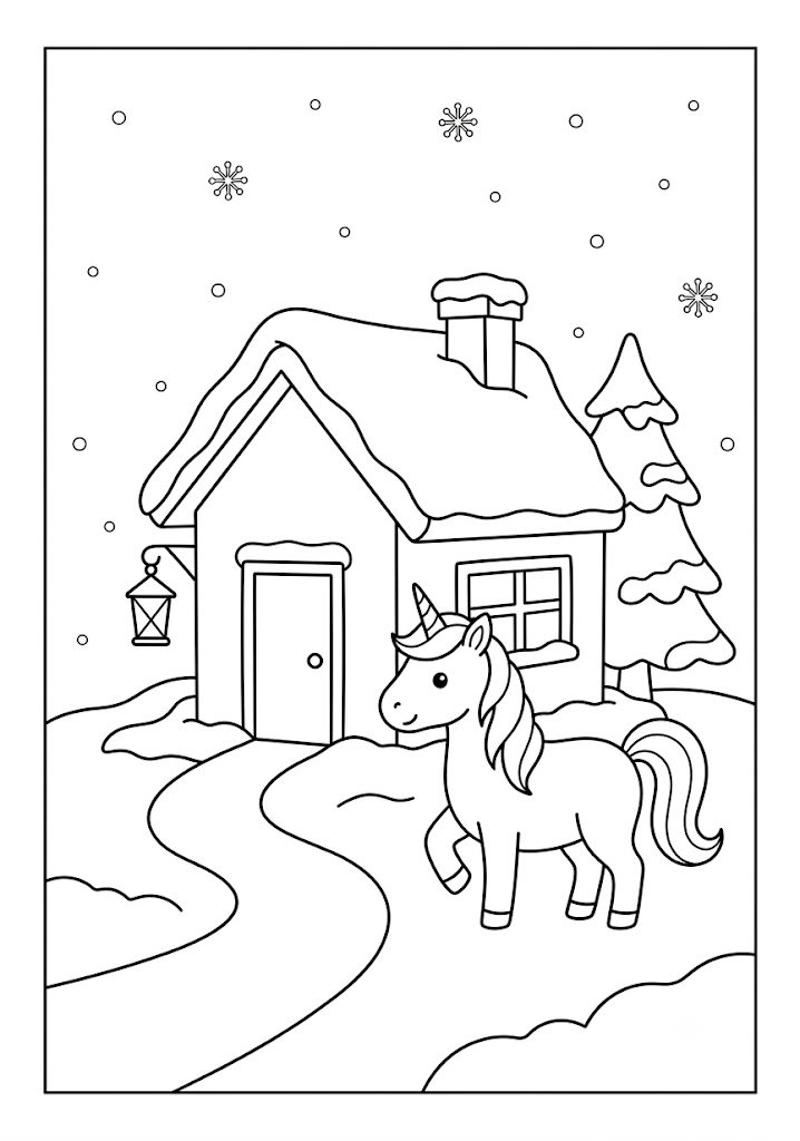 Unicorn Exploring a Snowy Cabin Coloring Pages