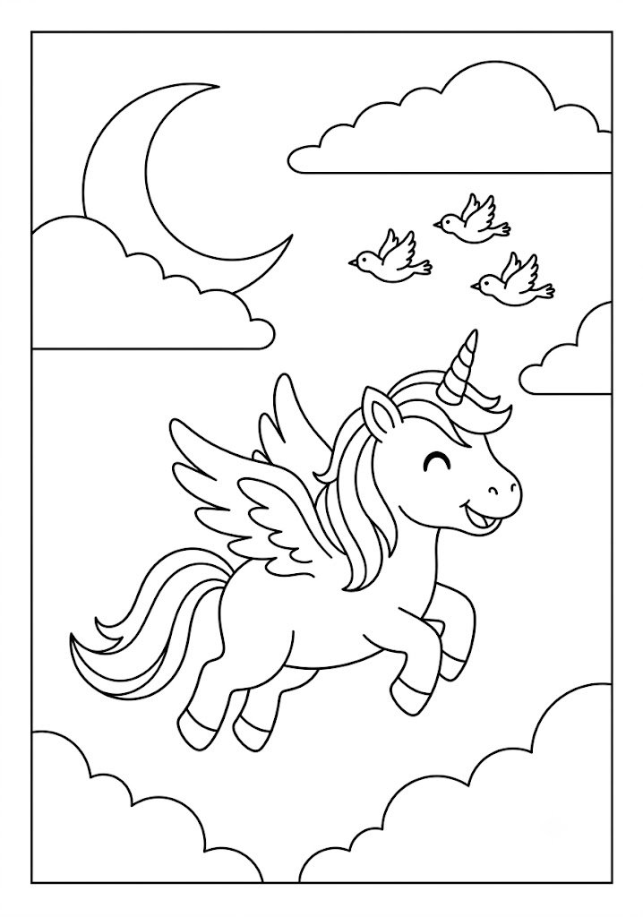 Unicorn Flying With Small Birds Coloring Pages