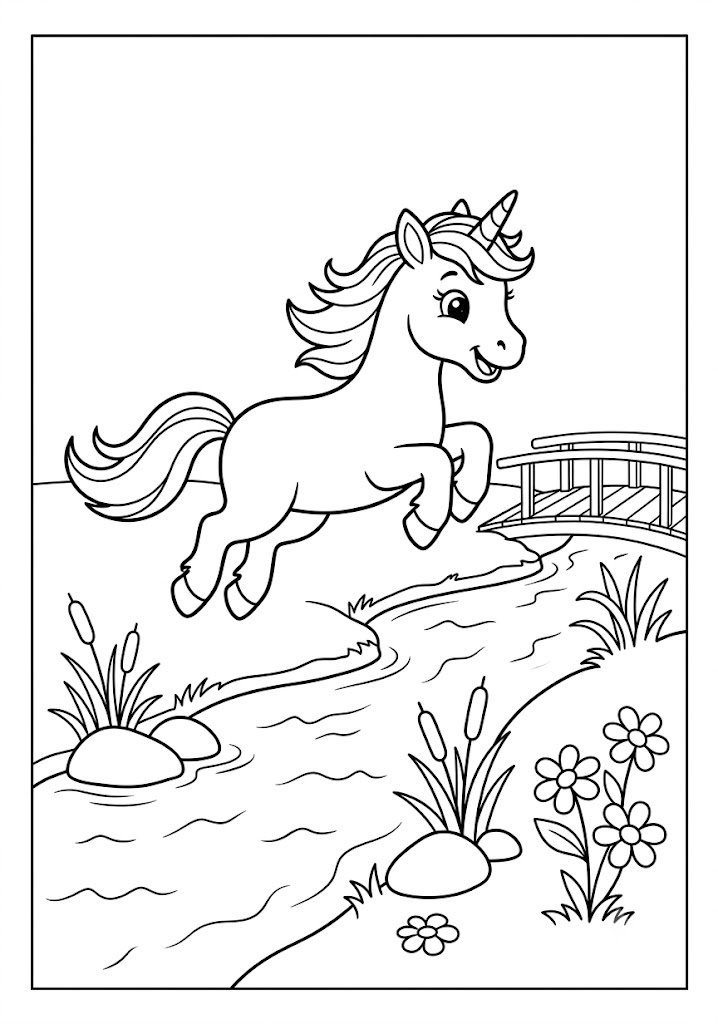 Unicorn Jumping Over a Stream Coloring Pages
