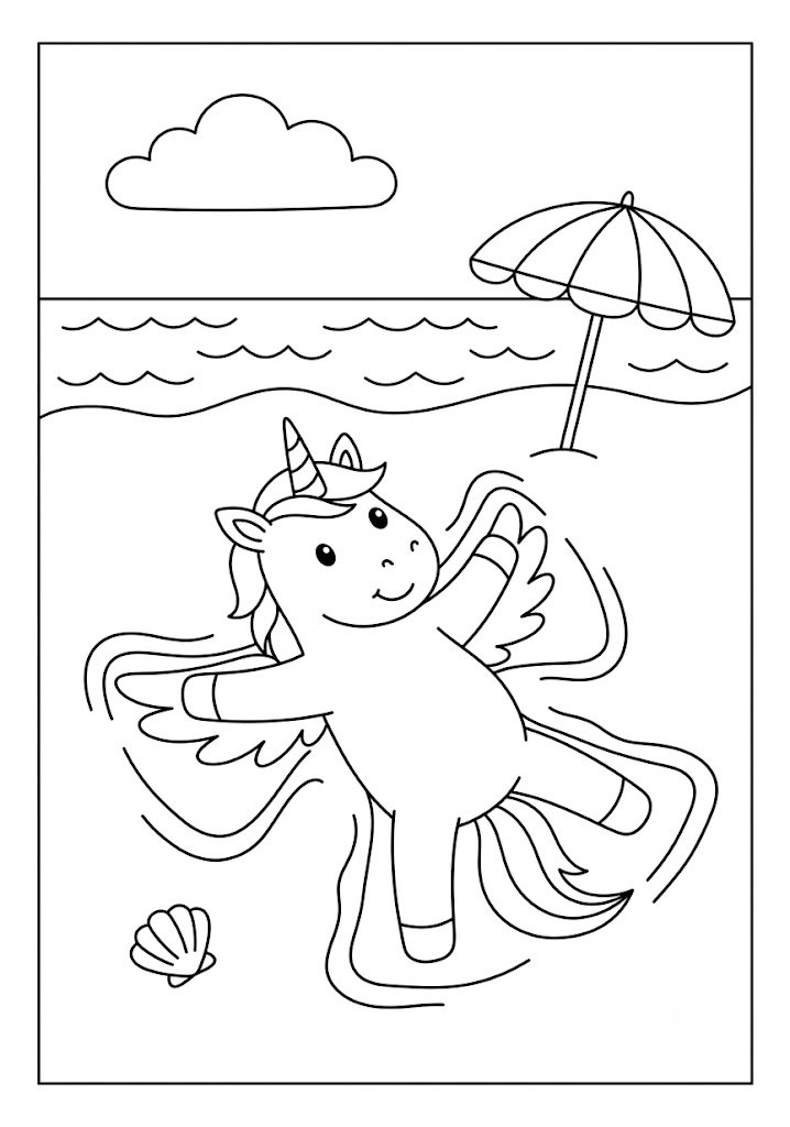 Unicorn Making a Sand Angel Coloring Pages