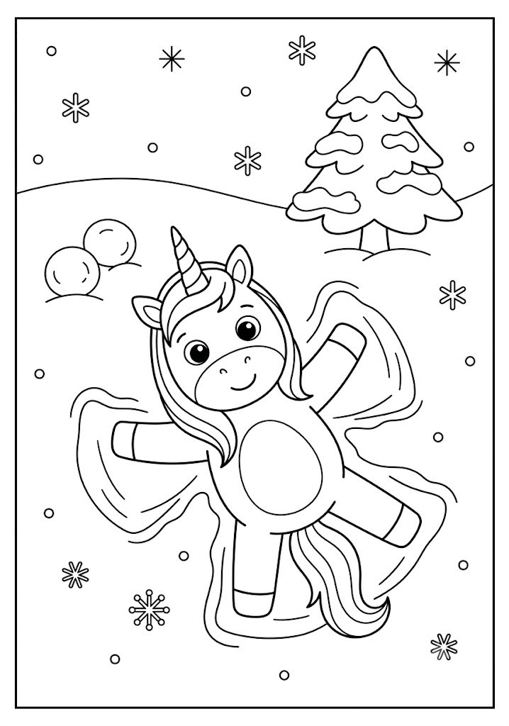 Unicorn Making a Snow Angel Coloring Pages