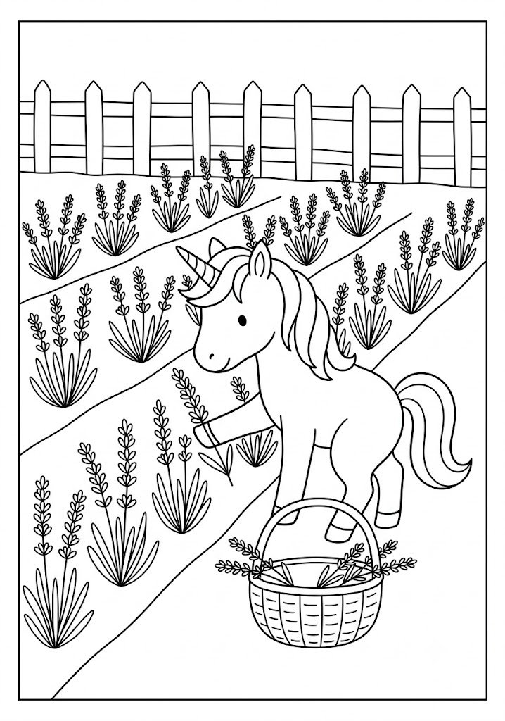 Unicorn Picking Lavender Flowers Coloring Pages