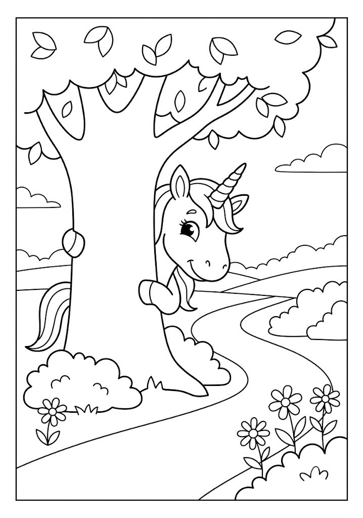 Unicorn Playing Hide and Seek Coloring Pages