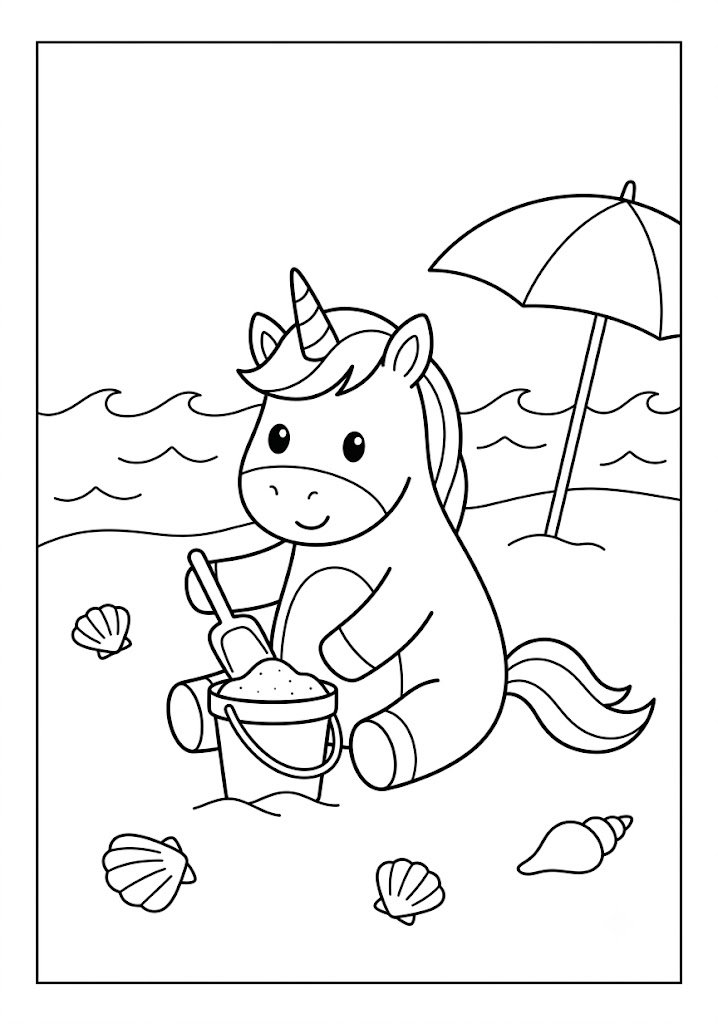 Unicorn Playing With a Beach Bucket Coloring Pages
