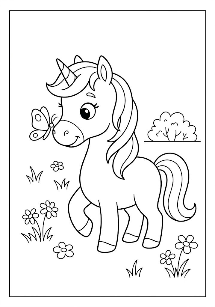 Unicorn Playing With a Butterfly Coloring Pages