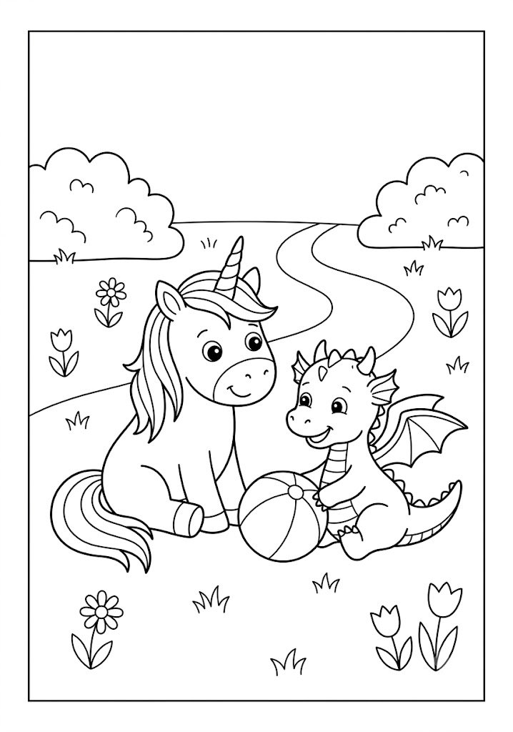 Unicorn Playing With a Friendly Dragon Coloring Pages