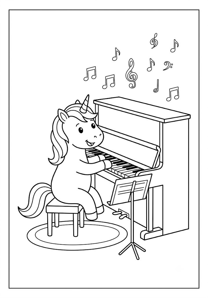Unicorn Playing a Small Piano Coloring Pages
