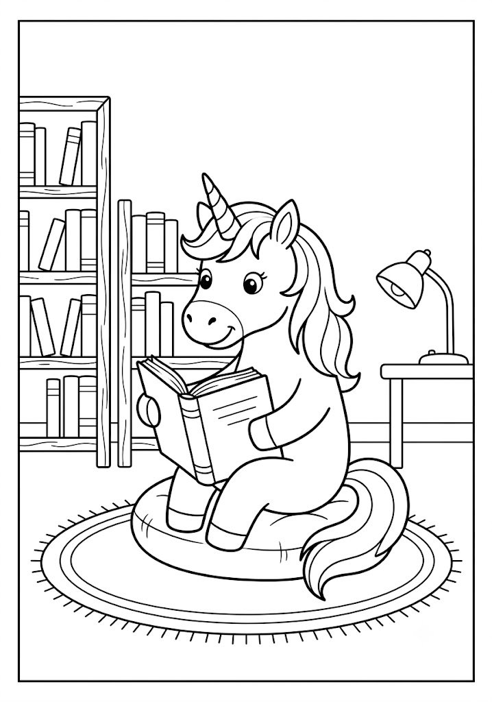 Unicorn Reading in a Cozy Library Coloring Pages