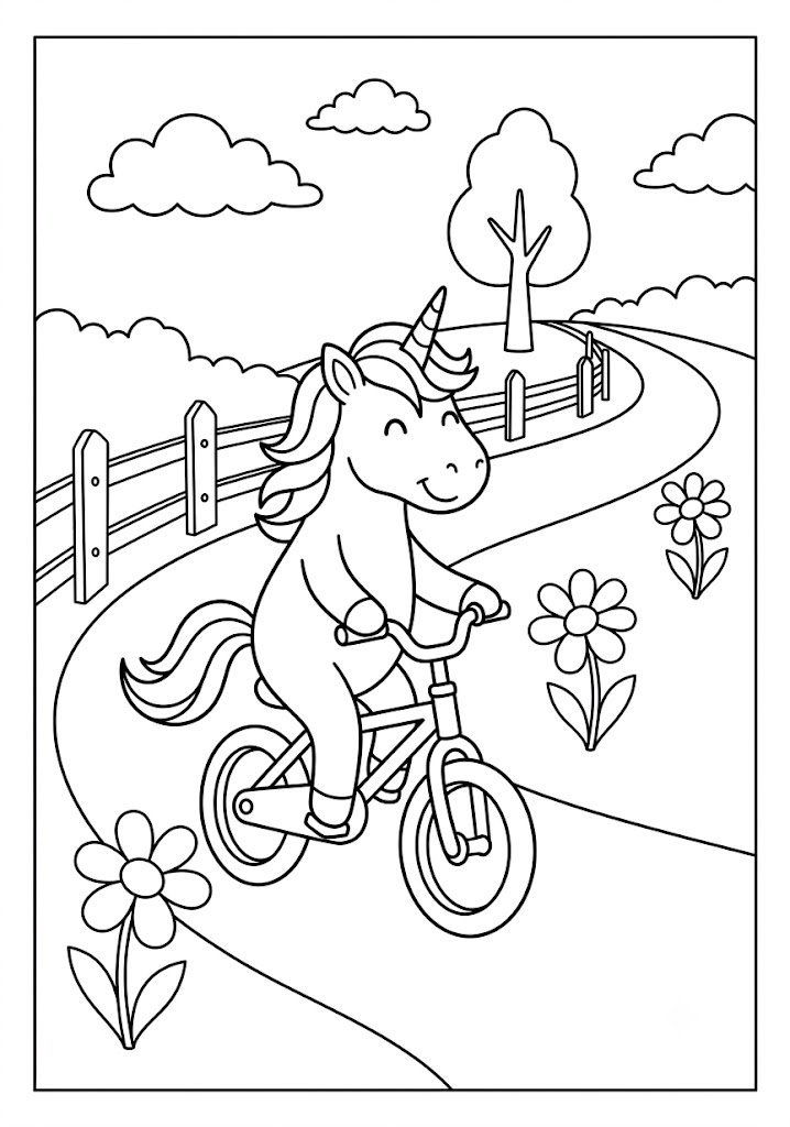 Unicorn Riding a Bicycle Coloring Pages