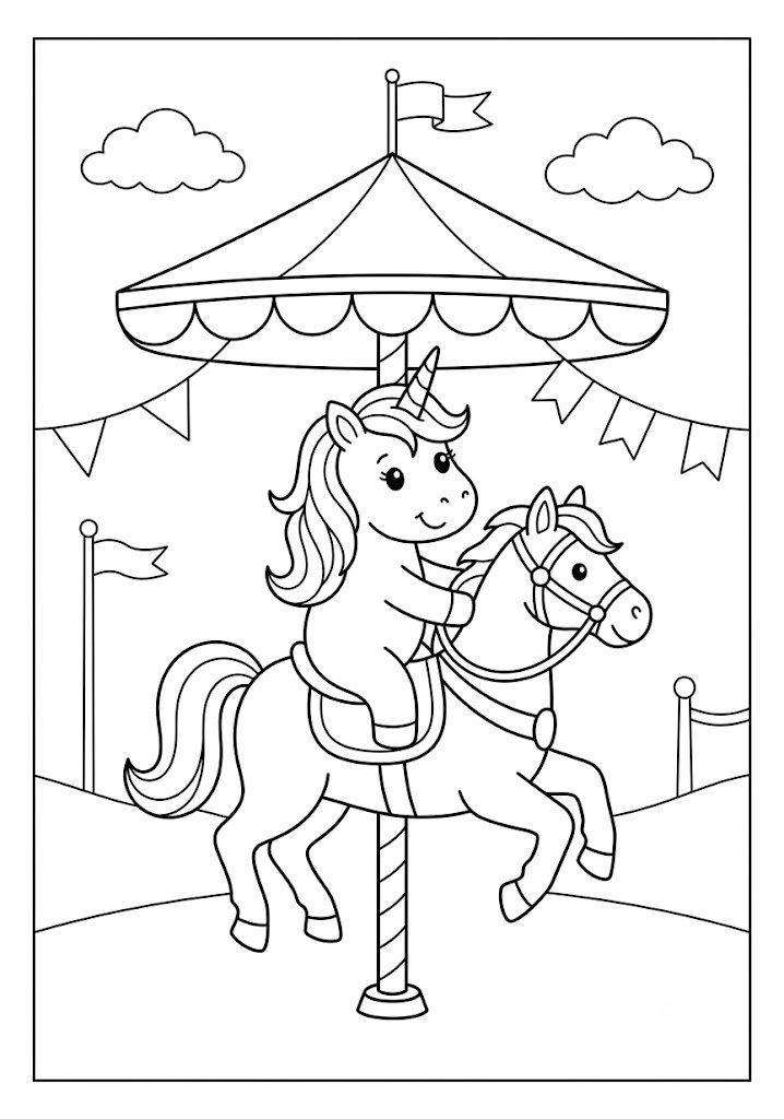 Unicorn Riding a Carousel Coloring Pages