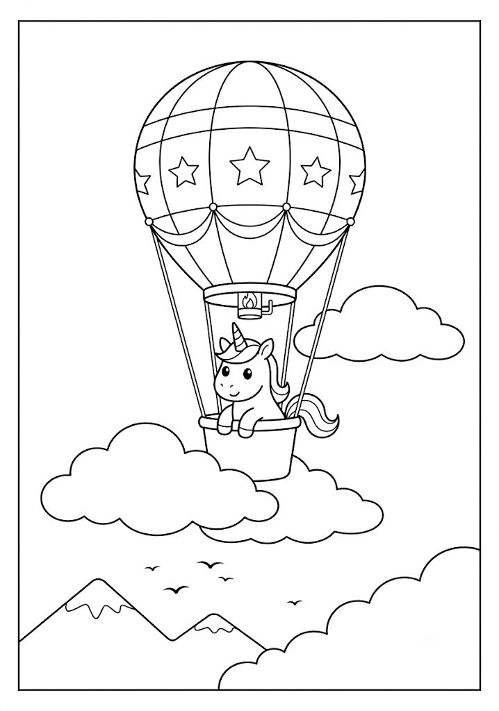 Unicorn Riding a Hot Air Balloon Coloring Pages