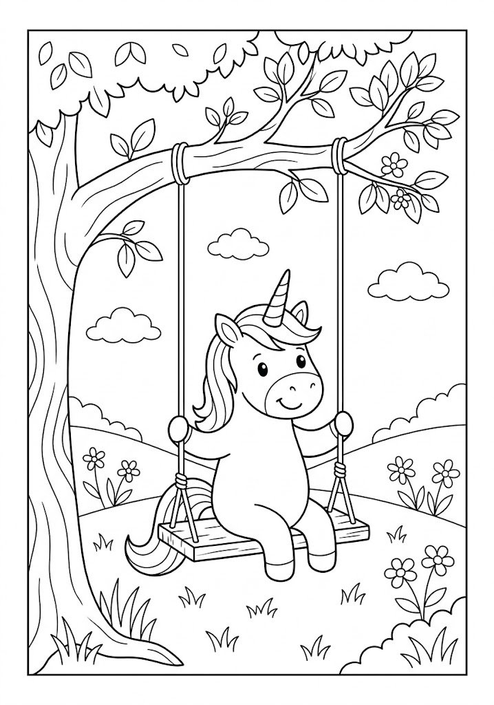Unicorn Riding a Magic Swing Coloring Pages
