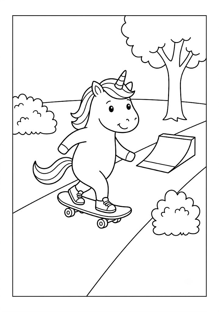 Unicorn Riding a Skateboard Coloring Pages