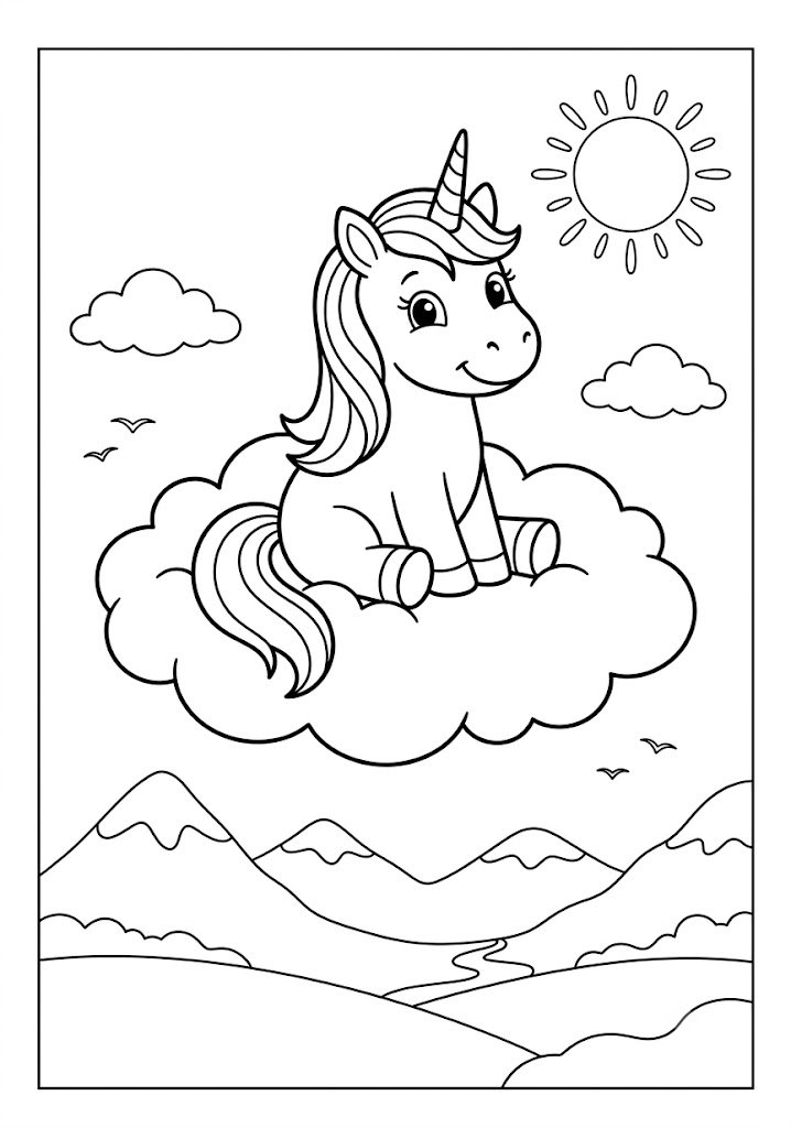 Unicorn Riding on a Cloud Coloring Pages