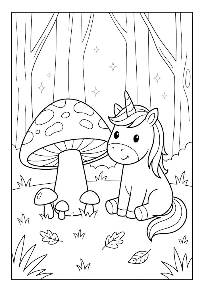 Unicorn Sitting Beside a Mushroom Coloring Pages